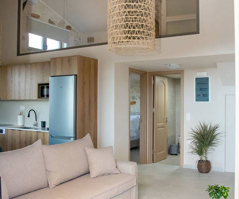 Modern living area with sofa, open kitchen, glass loft bedroom and natural decor accents