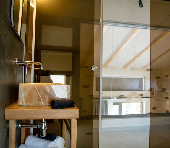 Elegant bathroom with stone sink and glass wall in the loft area